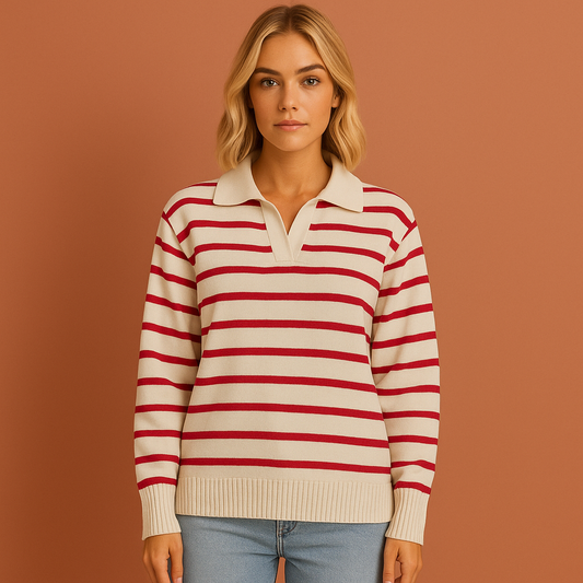 Dames polo in wijnrood met lange mouwen en gestreept design, zacht en comfortabel voor casual en stijlvolle outfits.