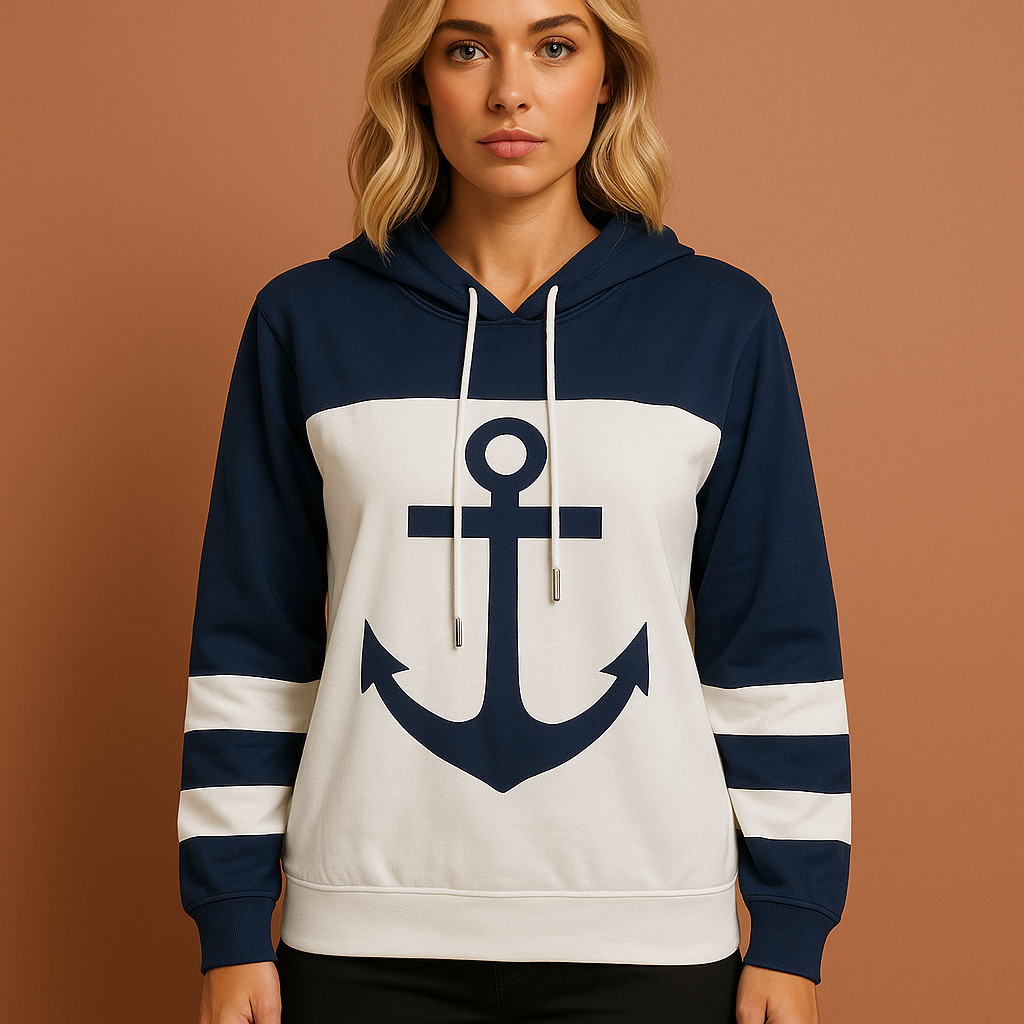 Wit-blauwe colorblock hoodie voor dames met ankerprint en comfortabele pasvorm, perfect voor casual outfits en koele dagen.