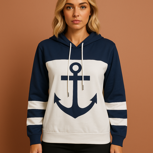 Wit-blauwe colorblock hoodie voor dames met ankerprint en comfortabele pasvorm, perfect voor casual outfits en koele dagen.
