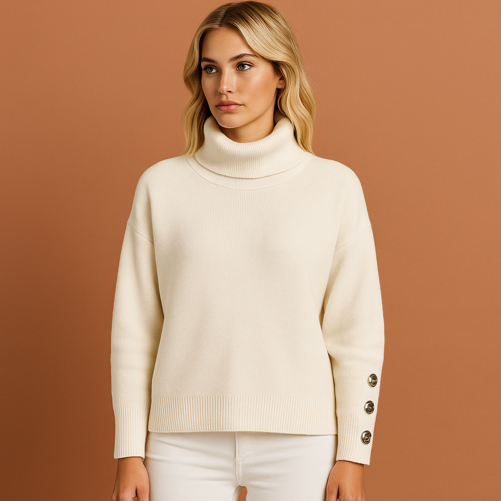 Witte elegante dames coltrui met moderne pasvorm en hoge kraag, ideaal voor herfst en winter.