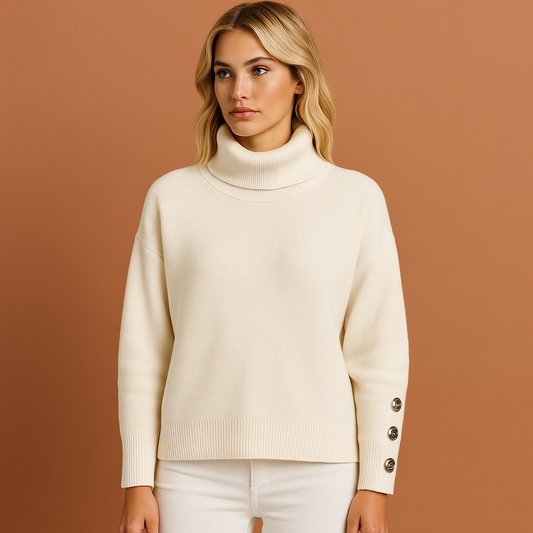 Witte elegante dames coltrui met moderne pasvorm en hoge kraag, ideaal voor herfst en winter.