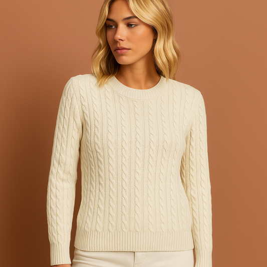 Damestrui in wit met klassiek kabelpatroon, zacht en comfortabel voor casual en stijlvolle winterlooks.