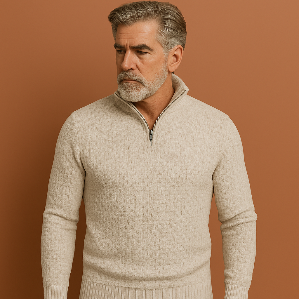 Witte half zip gebreide heren trui met moderne pasvorm, ideaal voor casual outfits en koude dagen.
