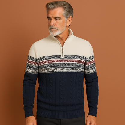 Heren trui in wit met Noors patroon en ritssluiting, warm en comfortabel voor casual winterlooks.