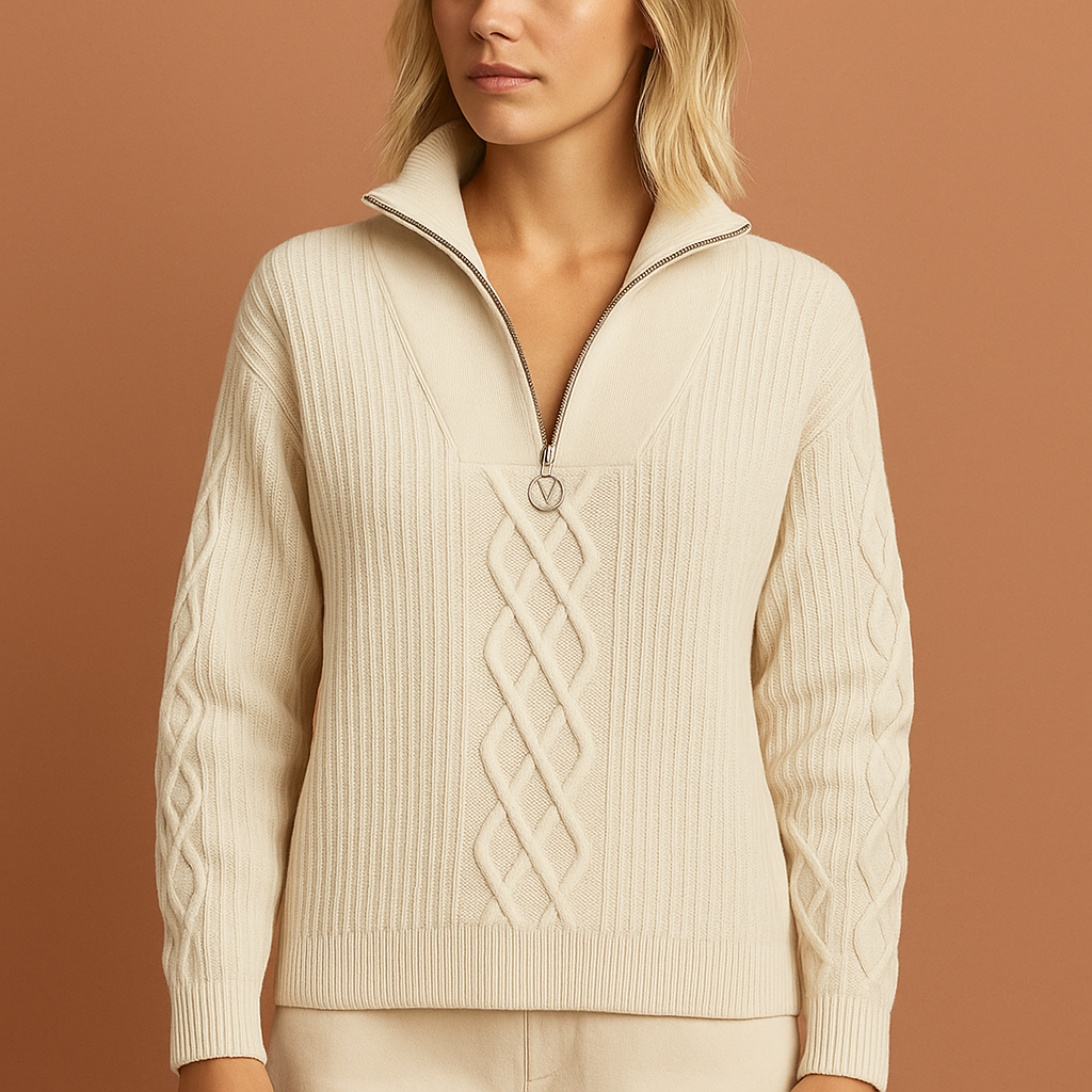 Witte damestrui met kabelgebreid patroon en halve ritssluiting, ideaal voor frisse dagen en stijlvolle casual outfits.