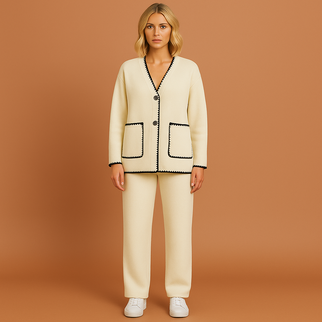 Witte tweedelige dames set met elegante pasvorm en moderne uitstraling, ideaal voor casual of chique gelegenheden.