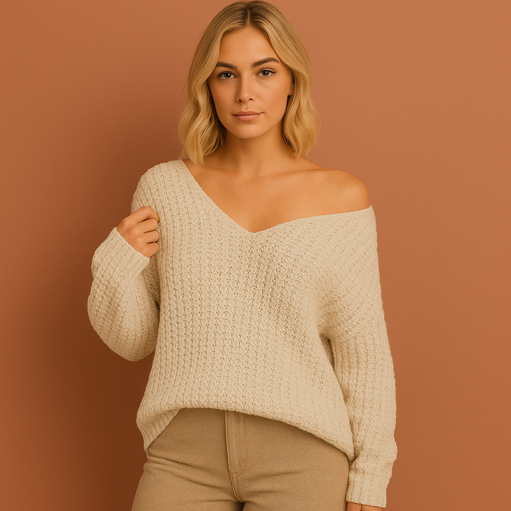 Witte off-shoulder grofgebreide damestrui met elegante uitstraling, perfect voor casual dagen en stijlvolle avonden.