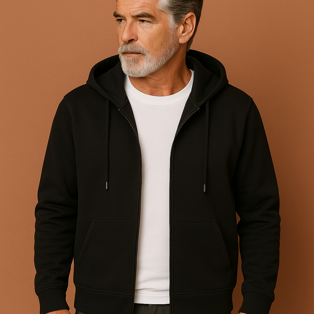 Zwart comfortabel heren vest met volledige rits en capuchon, ideaal voor frisse herfstdagen en casual outfits.