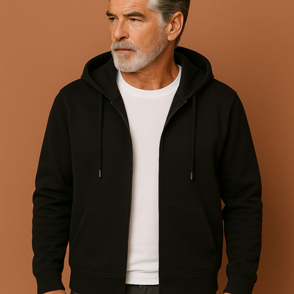 Zwart comfortabel heren vest met volledige rits en capuchon, ideaal voor frisse herfstdagen en casual outfits.