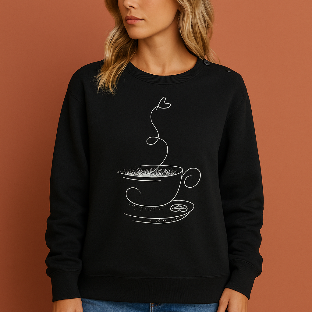 Zwart grafisch koffie-sweatshirt voor dames met ontspannen pasvorm, ideaal voor casual outfits en dagelijkse momenten.