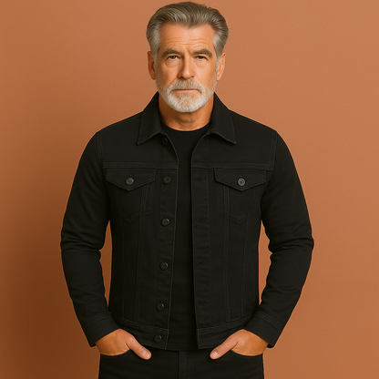 Heren spijkerjack in zwart met klassieke kraag, comfortabel en stijlvol voor casual outfits in lente en herfst.