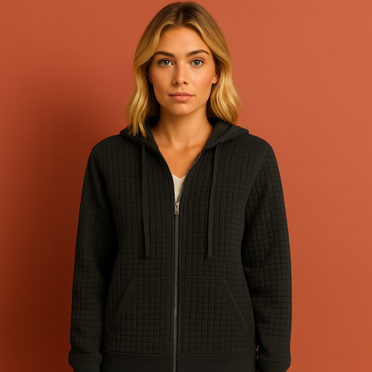 Zwart dames sweatshirt met capuchon en ritssluiting, ideaal voor dagelijks comfort en casual outfits.