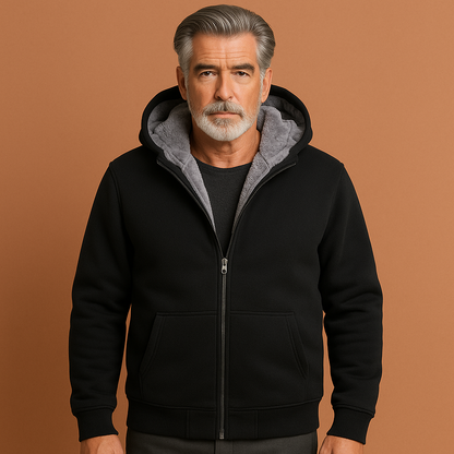 Zwart warm heren wintervest met capuchon en zachte binnenvoering, ideaal voor koude dagen en casual gebruik.