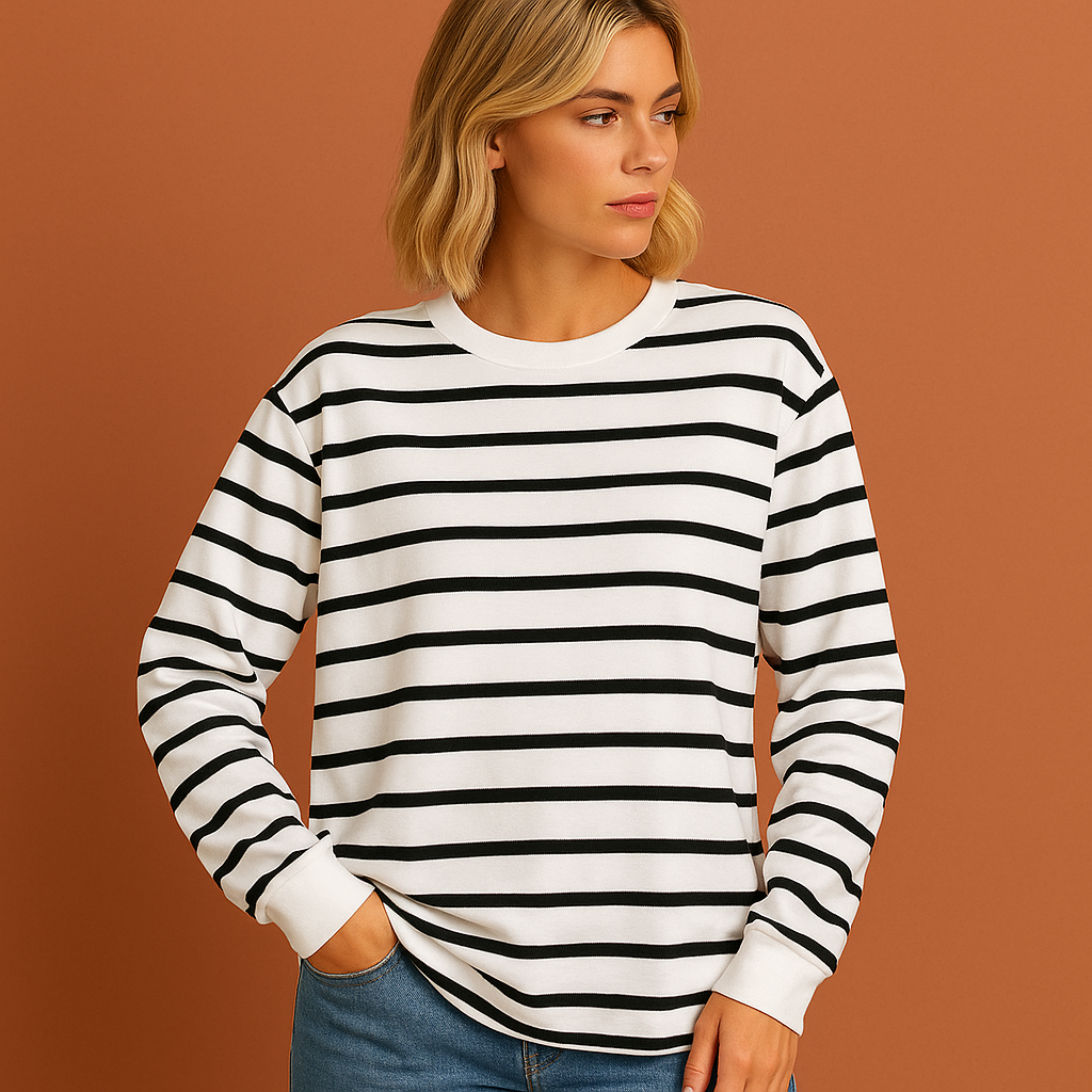 Zwart wit dames sweatshirt met strepen en comfortabele pasvorm, ideaal voor casual outfits en dagelijks gebruik.