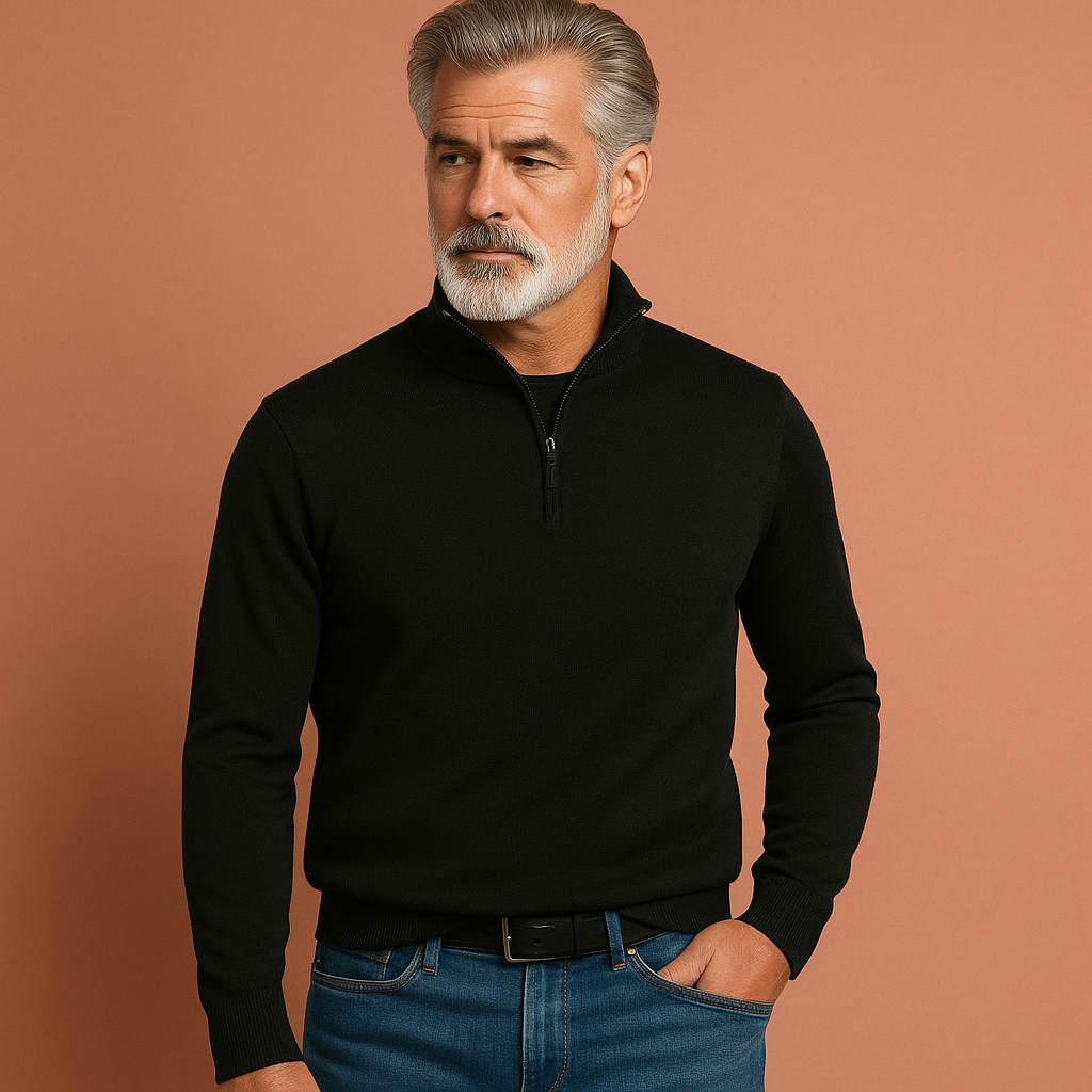Zwarte heren trui met V-hals en ritssluiting, stijlvol en comfortabel voor werk en vrije tijd.