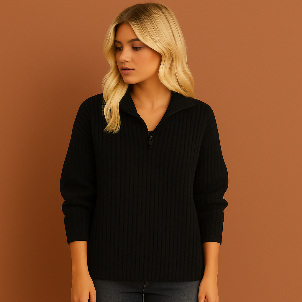 Zwarte damestrui met half-zip en hoge kraag, stijlvolle pasvorm perfect voor casual en elegante outfits.