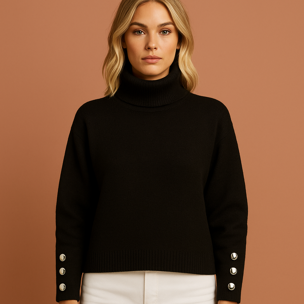 Zwarte elegante dames coltrui met moderne pasvorm en hoge kraag, ideaal voor herfst en winter.