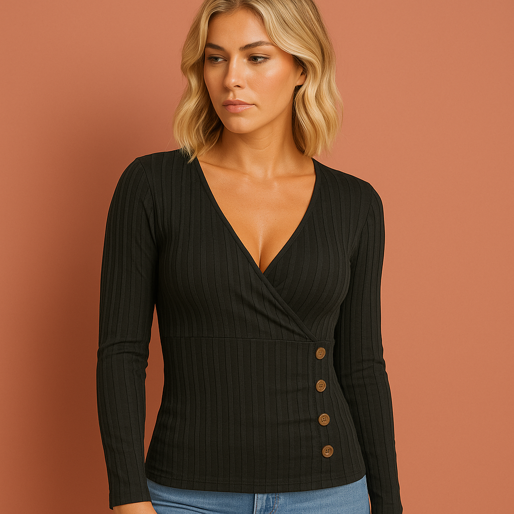 Dames V-hals trui in zwart met elegante uitstraling, warm en zacht voor elke gelegenheid.