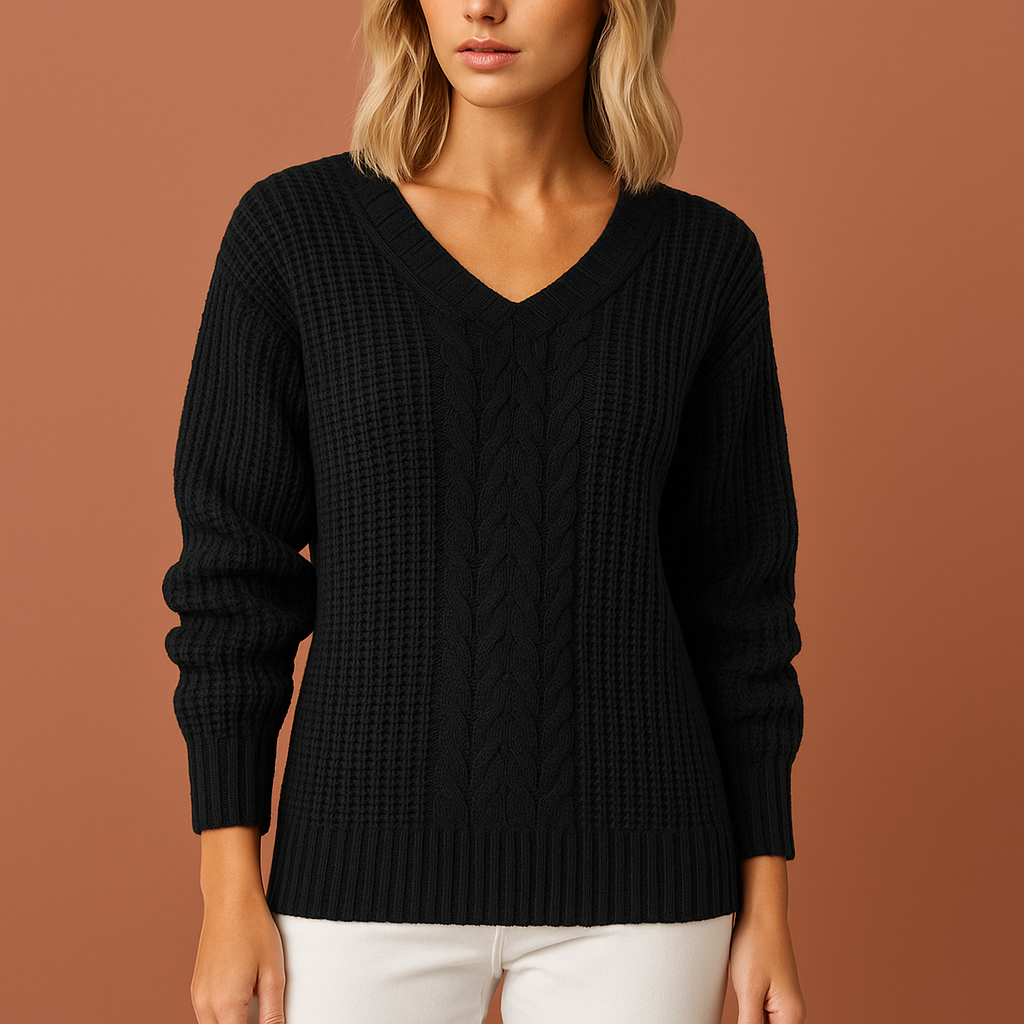 Dames gebreide trui in zwart met moderne look, warm en comfortabel voor herfst en winter.