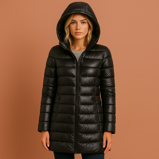 Dames gewatteerde jas in zwart met afneembare capuchon, stijlvol en warm voor koude dagen.