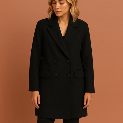 Lange damesjas in zwart met dubbele knopen en omvouwkraag, stijlvol en comfortabel voor herfst en winter.