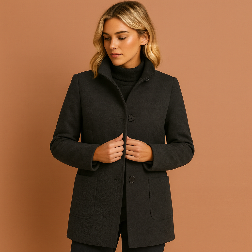 Dames manteljas in zwart met knoopsluiting en rechte pasvorm, warm en stijlvol voor herfst en winter.