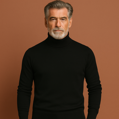 Zwarte coltrui voor heren met warme pasvorm en tijdloos ontwerp, ideaal voor koude dagen en stijlvolle outfits.