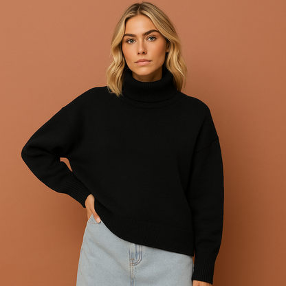 Zwarte dames coltrui met oversized pasvorm en elegante uitstraling, ideaal voor casual en stijlvolle outfits.