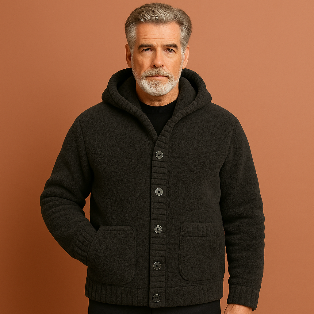 Zwarte gebreide hoodie jas voor heren met moderne pasvorm en capuchon, ideaal voor koude dagen en casual outfits.