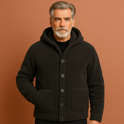 Zwarte gebreide hoodie jas voor heren met moderne pasvorm en capuchon, ideaal voor koude dagen en casual outfits.