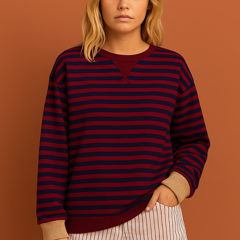 Zwarte gestreepte dames trui met moderne pasvorm, ideaal voor casual en stijlvolle outfits in de herfst en winter.