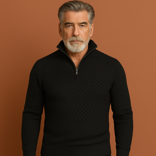 Zwarte half zip gebreide heren trui met moderne pasvorm, ideaal voor casual outfits en koude dagen.