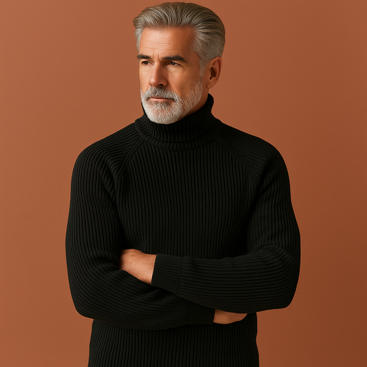Heren coltrui in zwart met elegante pasvorm, warm en comfortabel voor stijlvolle outfits in de herfst en winter.