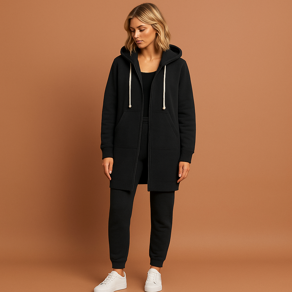 Zwarte knielange zip-up hoodie voor dames met comfortabele pasvorm, ideaal voor casual outfits en koude dagen.