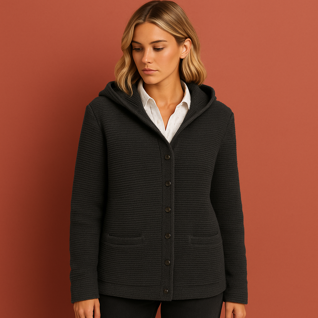 Zwarte lange gebreide dames jas met capuchon, warm en comfortabel voor koude dagen en casual outfits.