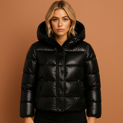 Zwarte lichtgewicht dames pufferjas met glanzende afwerking en moderne pasvorm, ideaal voor koude dagen en stijlvolle winterlooks.