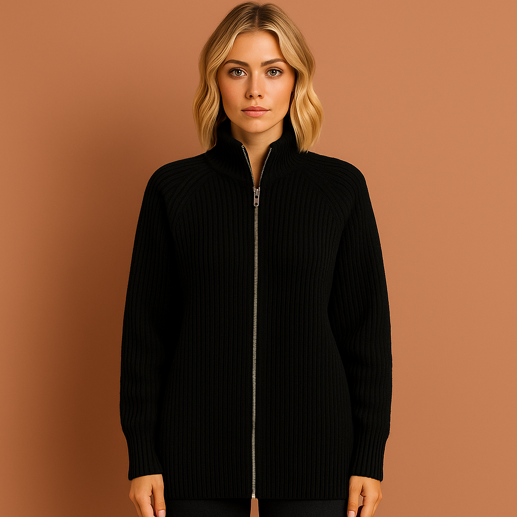 Zwarte damescardigan met elegante pasvorm en stijlvolle look, ideaal voor casual en chique outfits.