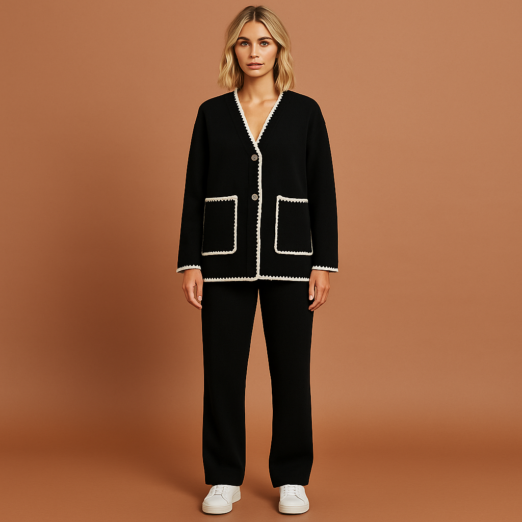 Zwarte tweedelige dames set met elegante pasvorm en moderne uitstraling, ideaal voor casual of chique gelegenheden.