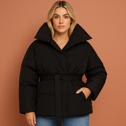 Zwarte dames pufferjas met moderne uitstraling en comfortabele pasvorm, ideaal voor herfst en winter.