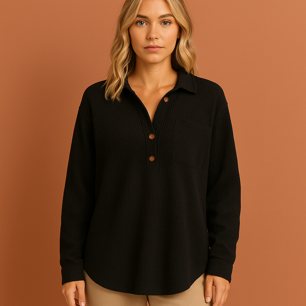 Zwarte oversized blouse voor dames met casual pasvorm, luchtig en stijlvol voor lente- en zomerdagen.