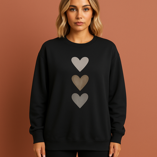 Zwarte oversized dames sweatshirt-jurk met hartprint, comfortabel en stijlvol voor casual outfits en relaxte dagen.