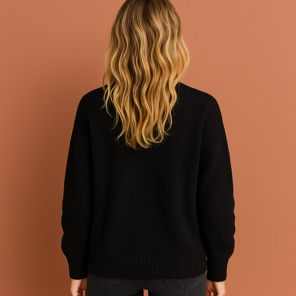 Zwarte stijlvolle dames sweater met moderne pasvorm, ideaal voor casual en elegante outfits in de herfst en winter.