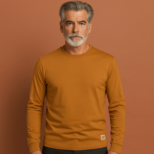 Heren katoenen trui in oranje met ronde hals en lange mouwen, comfortabel en stijlvol voor casual outfits.
